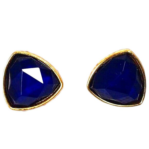 Blue Faceted Triangle Stud Earrings – Gold Triangle Trim – Geometric Jewelry - Picture 3 of 13